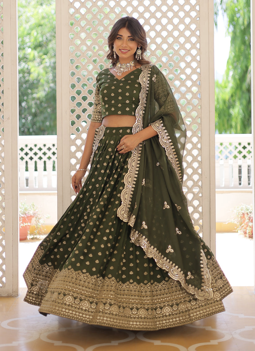 Mehendi Green Viscose Jacquard Embroidered Festival Lehenga Choli