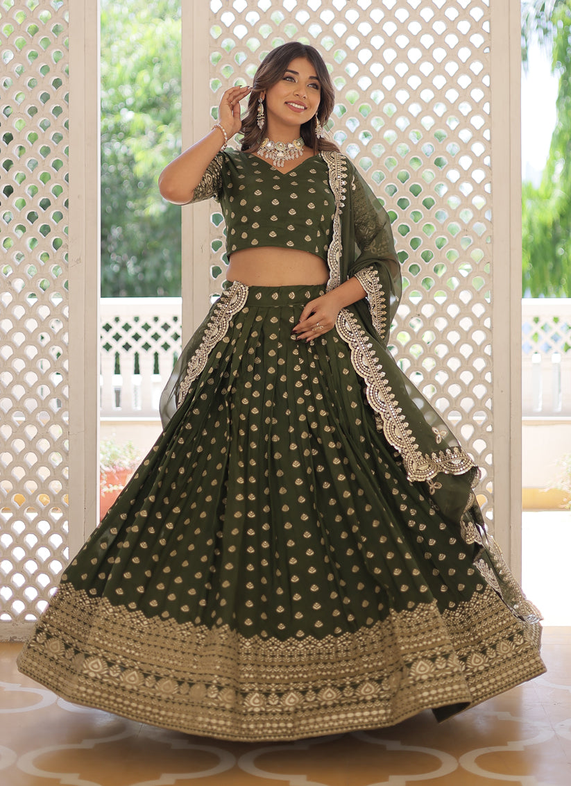 Mehendi Green Viscose Jacquard Embroidered Festival Lehenga Choli