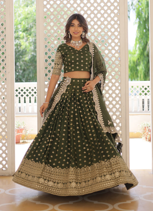 Mehendi Green Viscose Jacquard Embroidered Festival Lehenga Choli