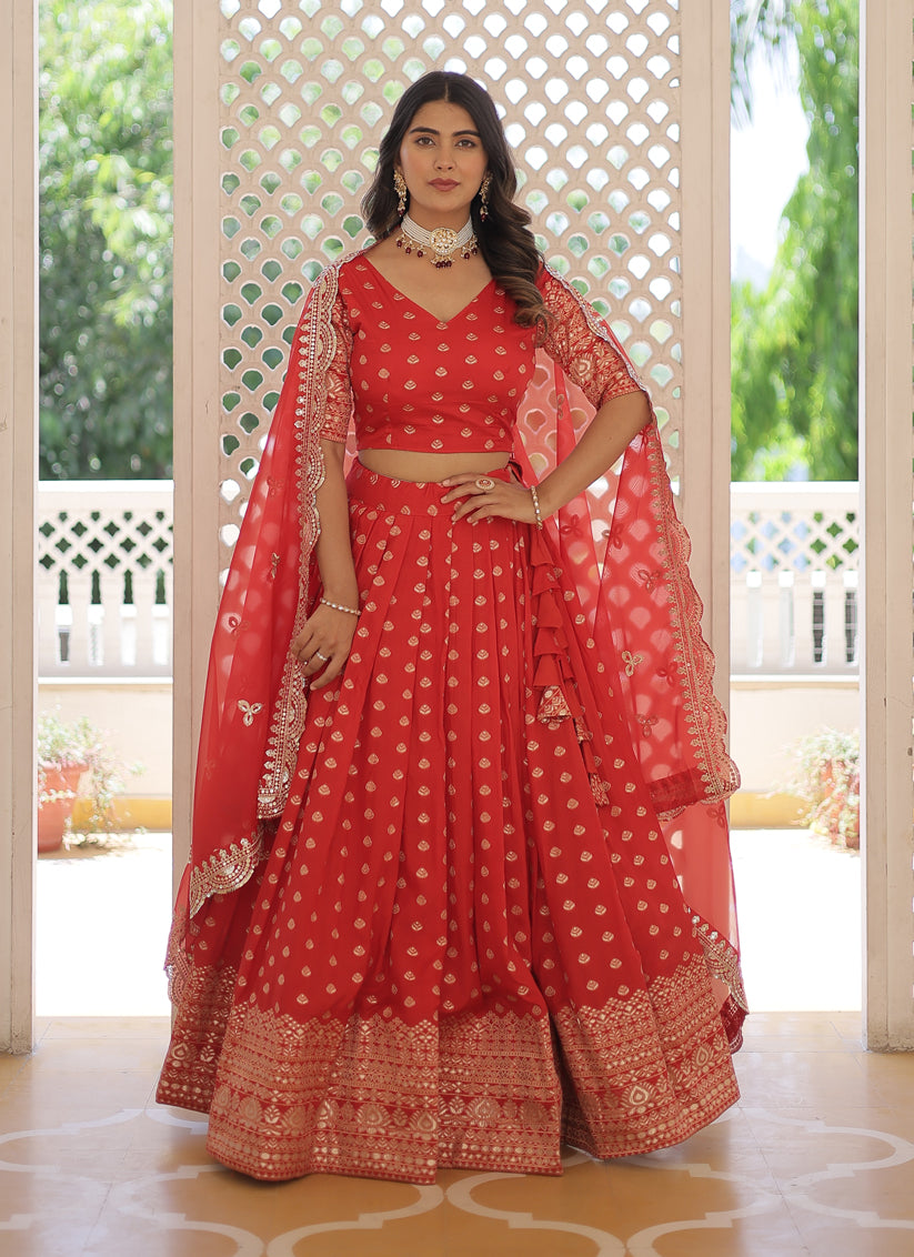 Red Viscose Jacquard Embroidered Festival Lehenga Choli