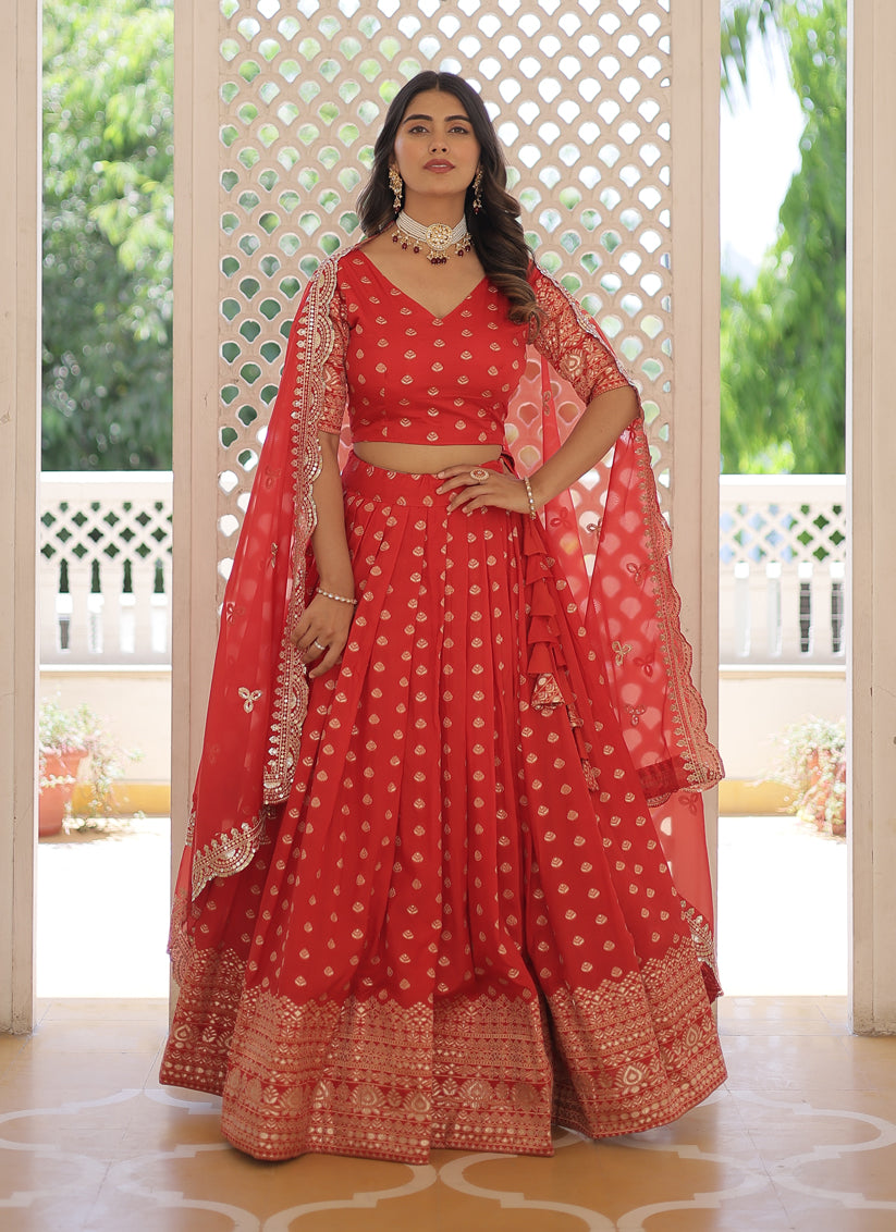 Red Viscose Jacquard Embroidered Festival Lehenga Choli