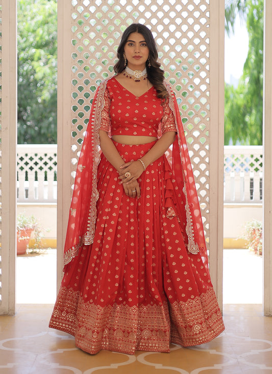 Red Viscose Jacquard Embroidered Festival Lehenga Choli