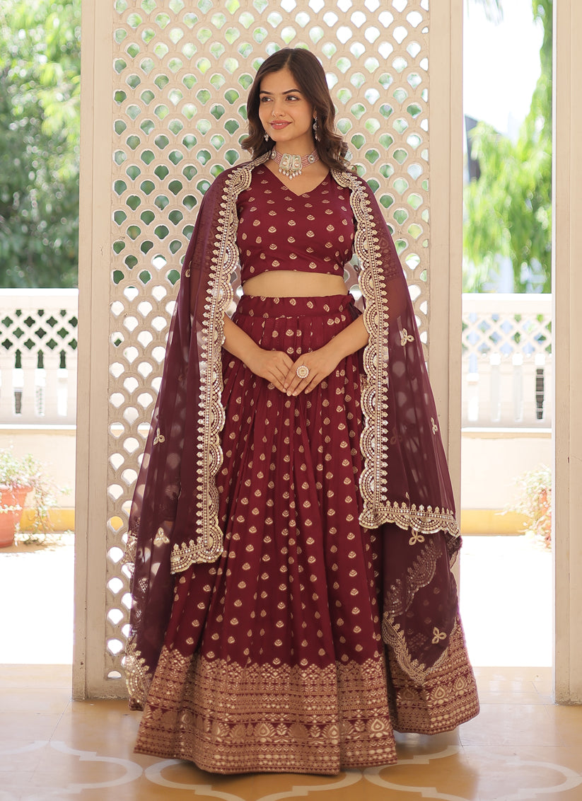 Maroon Viscose Jacquard Embroidered Festival Lehenga Choli