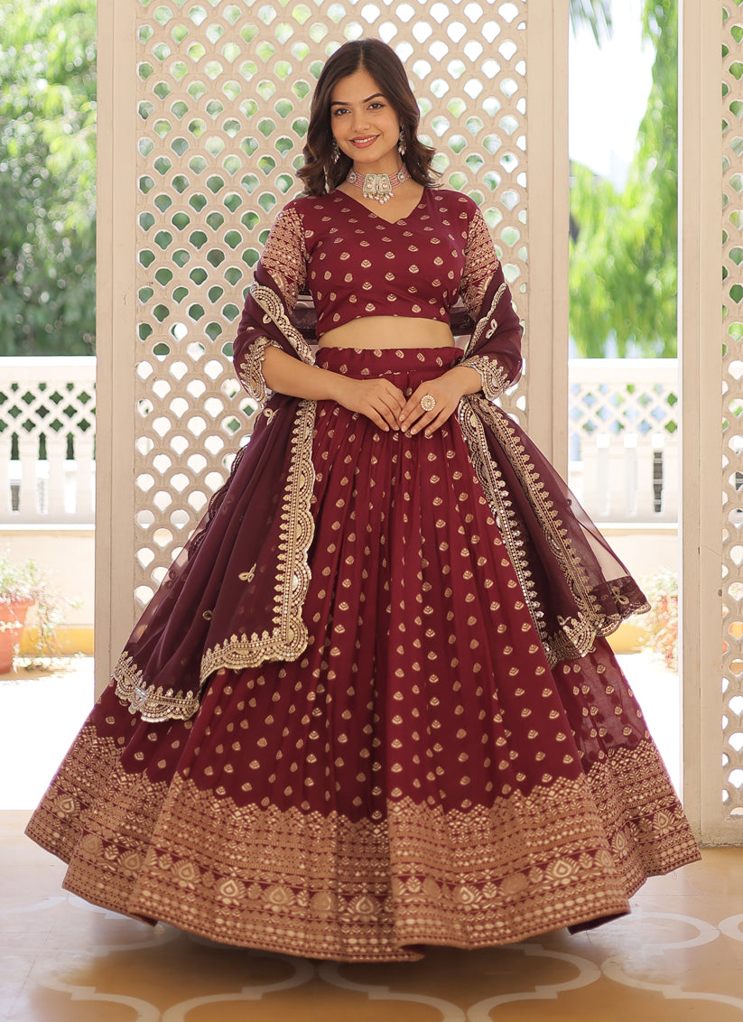 Maroon Viscose Jacquard Embroidered Festival Lehenga Choli