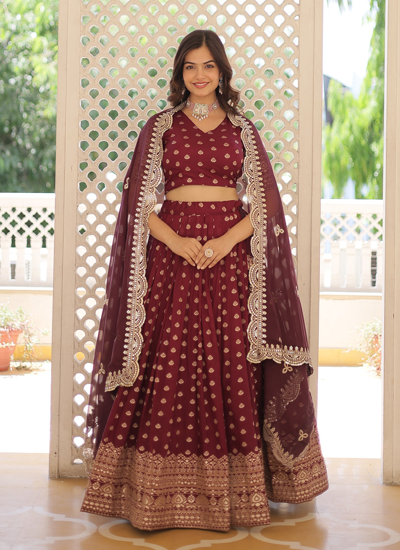 Maroon Viscose Jacquard Embroidered Festival Lehenga Choli