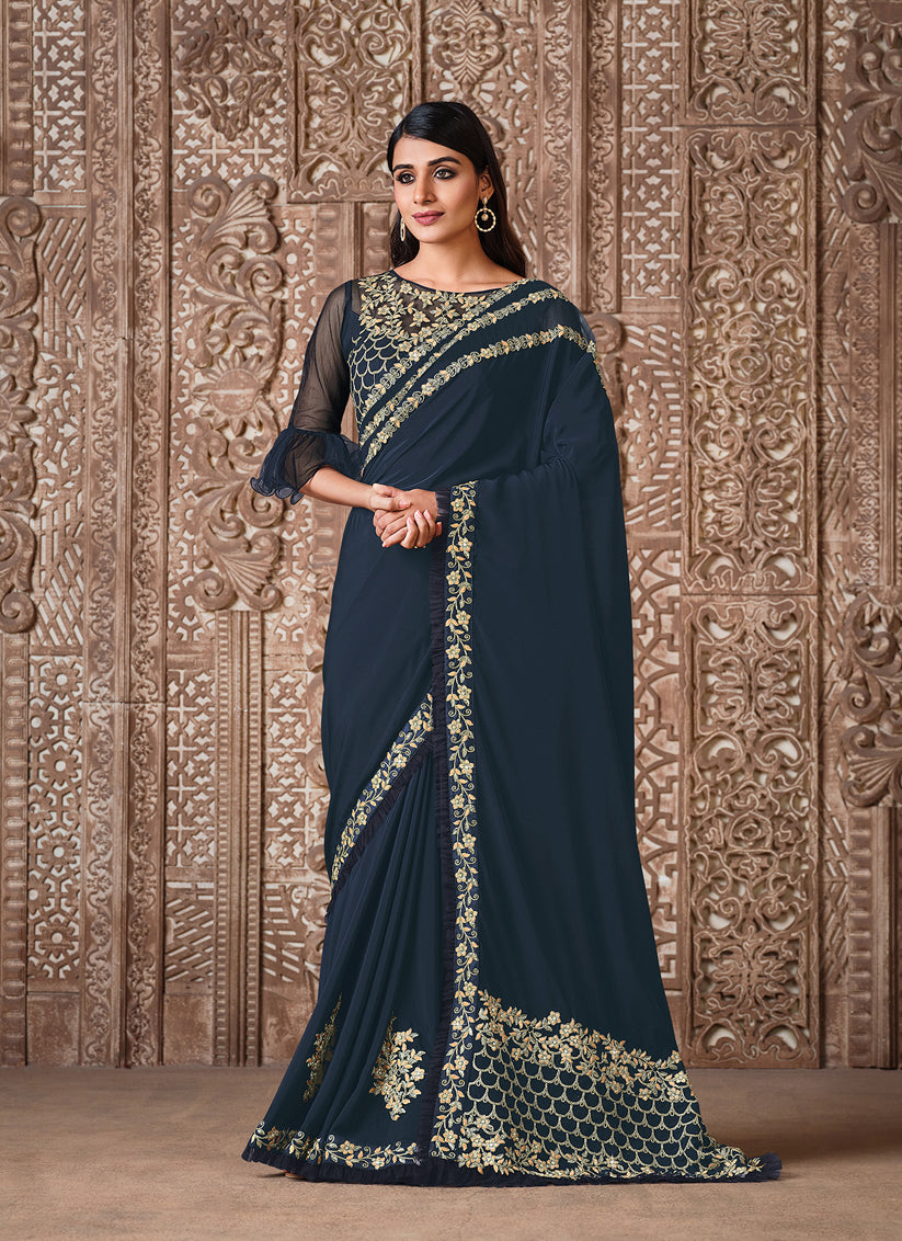 Midnight Blue Heavy Embrodiered Designer Wedding Saree