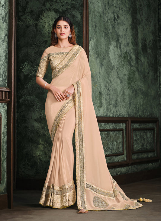 Peach Heavy Embrodiered Designer Wedding Saree