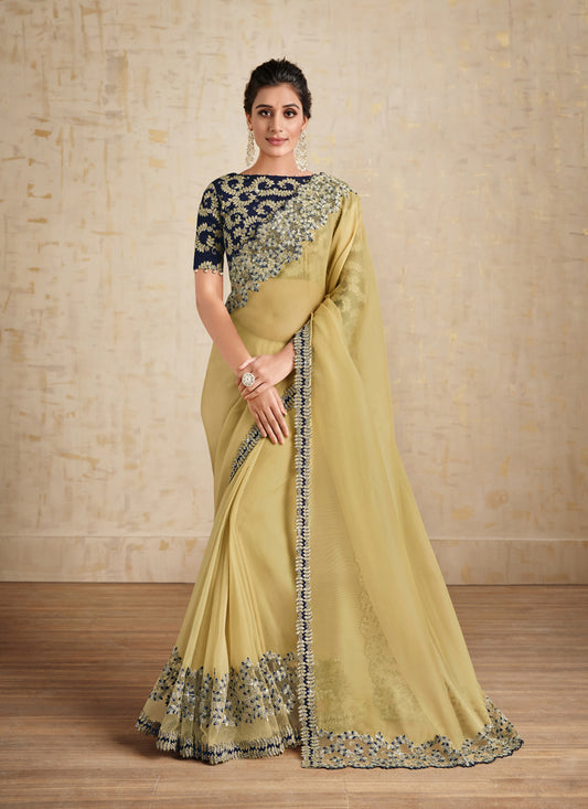 Pastel Yellow Heavy Embrodiered Designer Wedding Saree