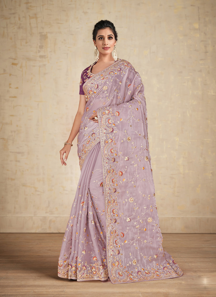 Mauve Heavy Embrodiered Designer Wedding Saree