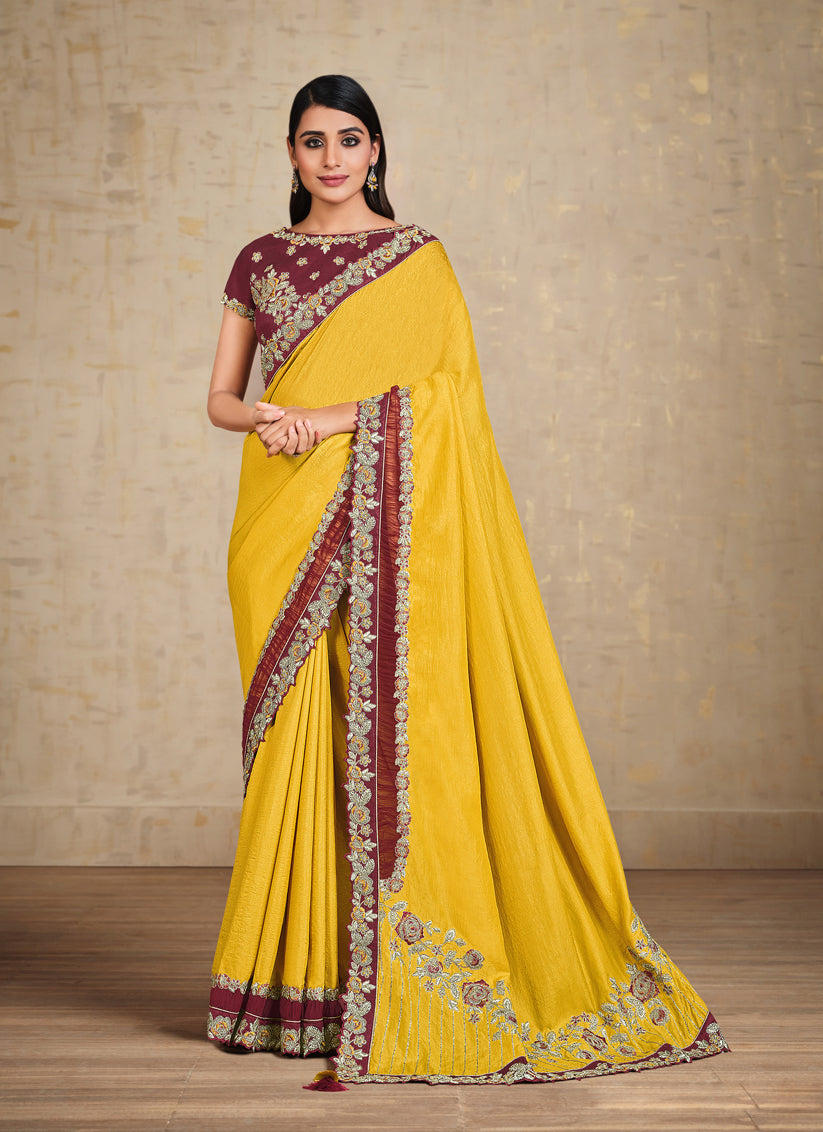 Golden Yellow Heavy Embrodiered Designer Wedding Saree