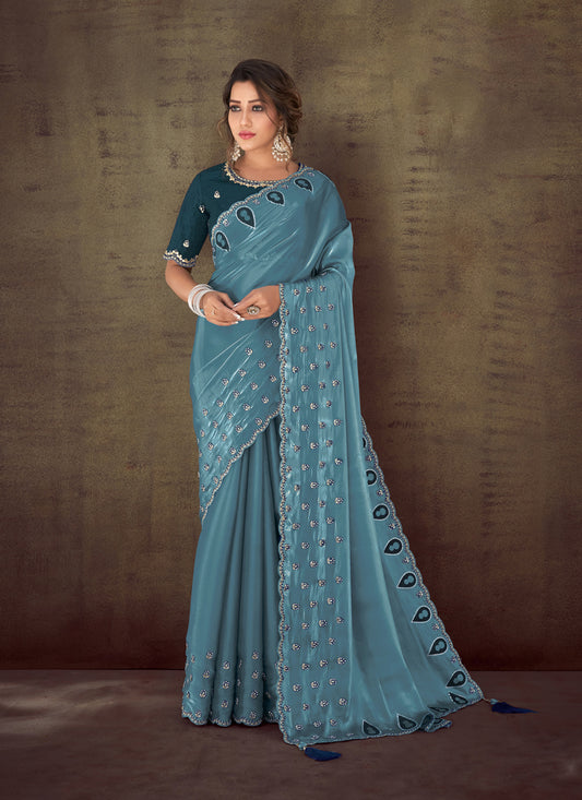 Blue Heavy Embrodiered Designer Wedding Saree