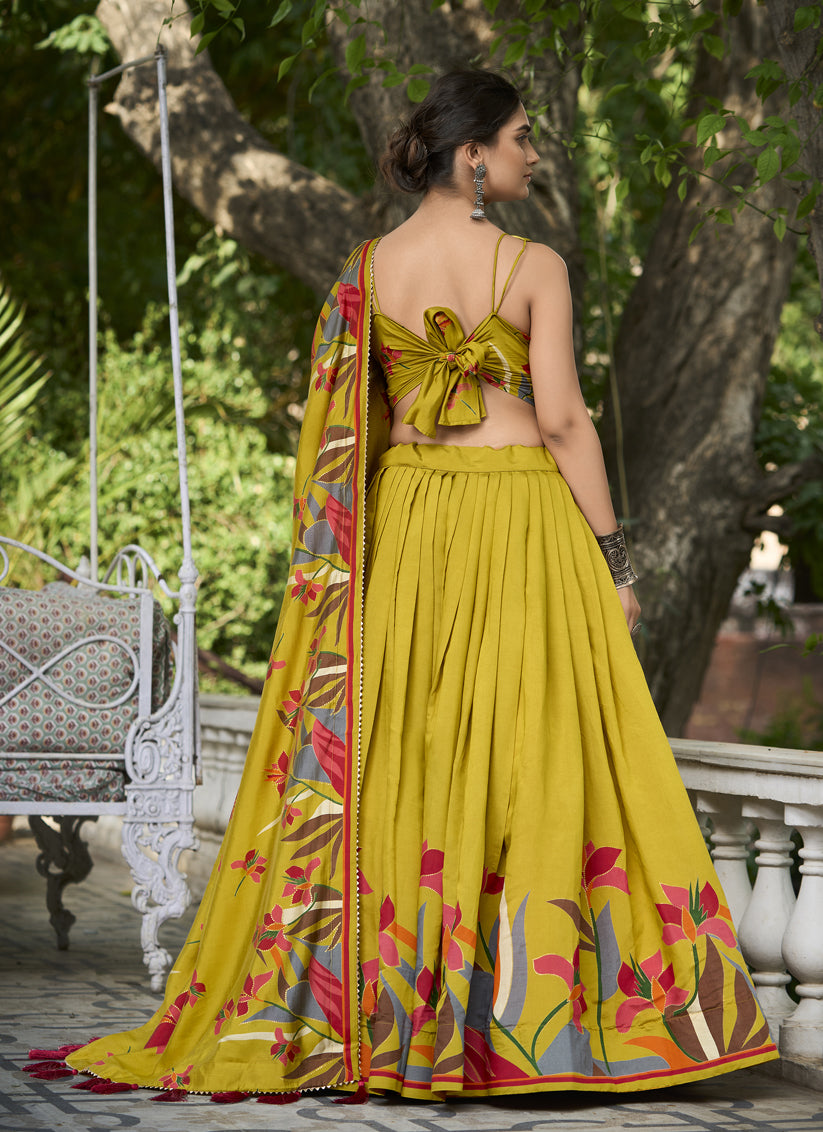 Mustard Chanderi Floral Print Lehenga Choli