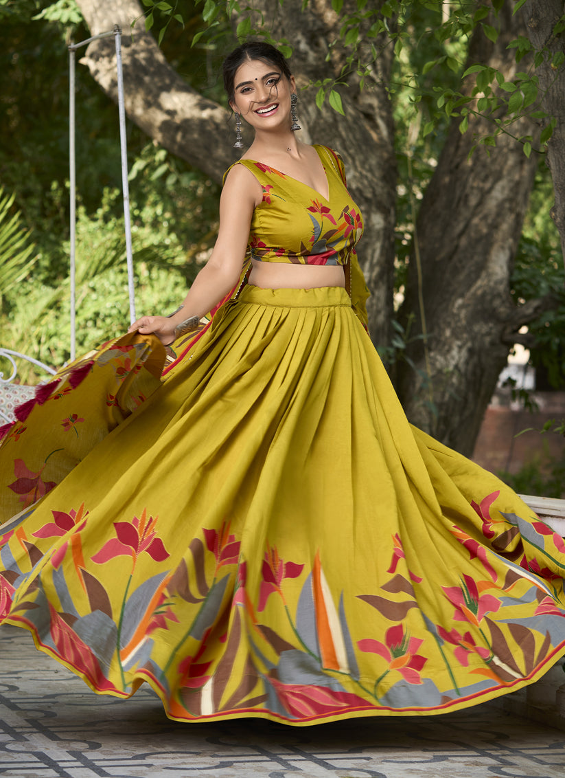 Mustard Chanderi Floral Print Lehenga Choli