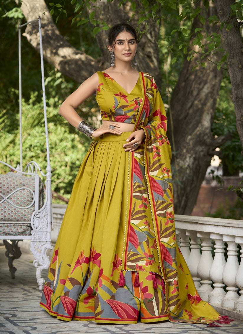 Mustard Chanderi Floral Print Lehenga Choli