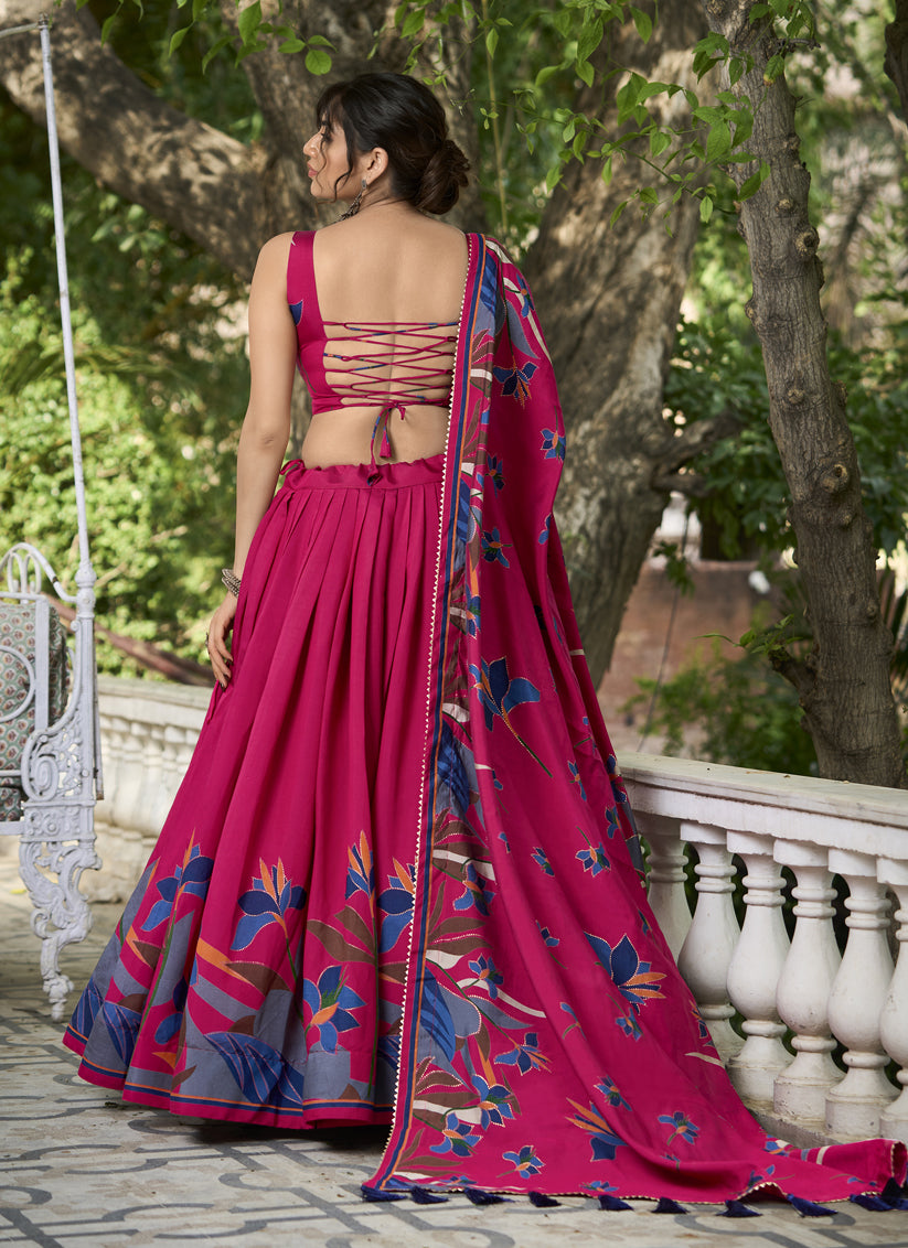 Rani Pink Chanderi Floral Print Lehenga Choli