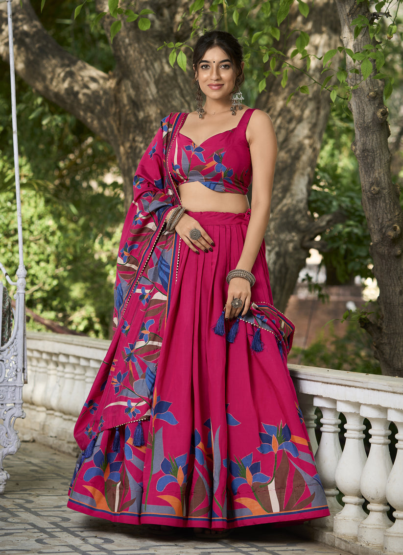 Rani Pink Chanderi Floral Print Lehenga Choli