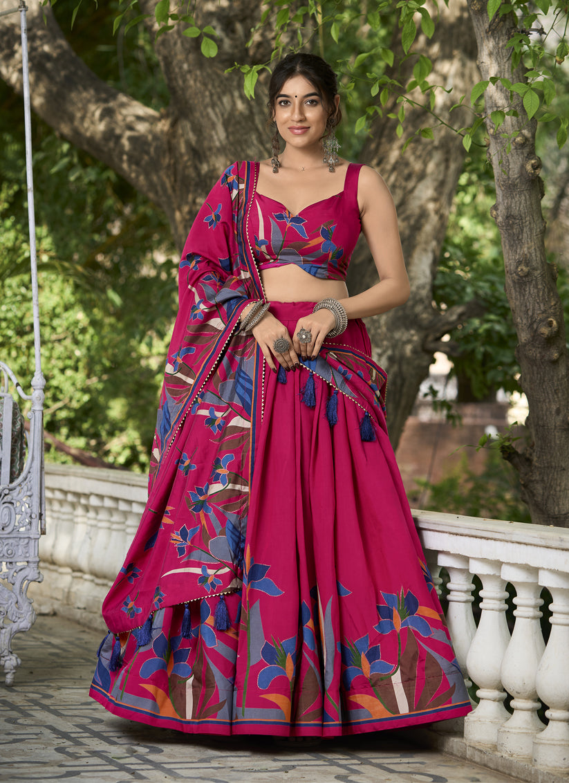 Rani Pink Chanderi Floral Print Lehenga Choli