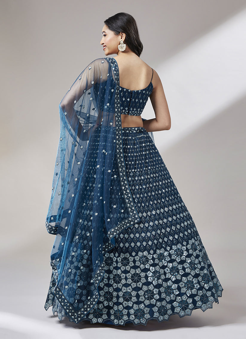 Peacock Blue Net Embroidered Designer Lehenga Choli