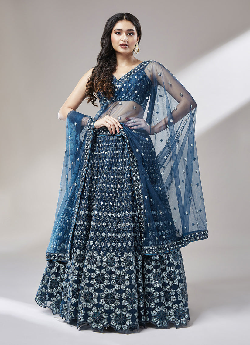 Peacock Blue Net Embroidered Designer Lehenga Choli