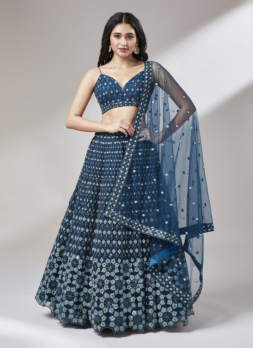 Peacock Blue Net Embroidered Designer Lehenga Choli