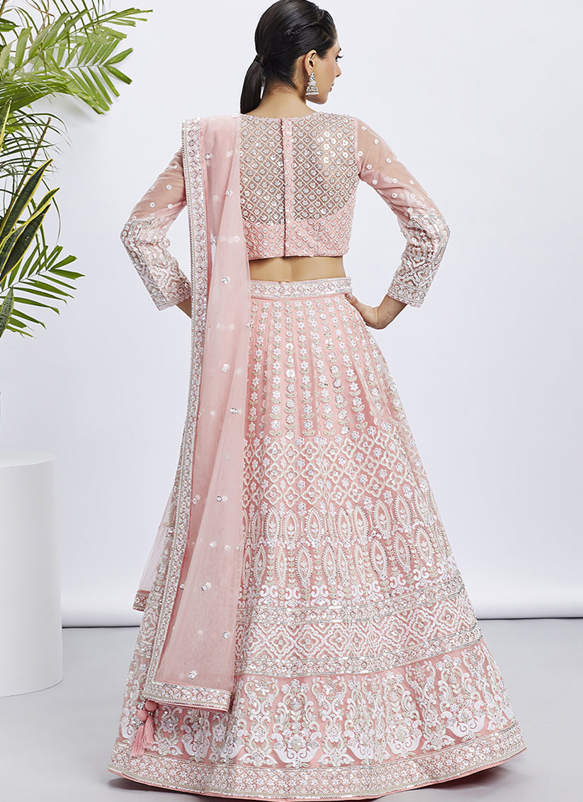 Blush Peach Net Embroidered Designer Lehenga Choli