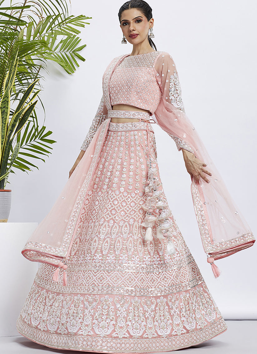 Blush Peach Net Embroidered Designer Lehenga Choli