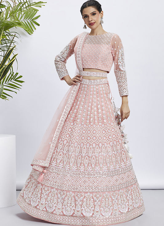 Blush Peach Net Embroidered Designer Lehenga Choli