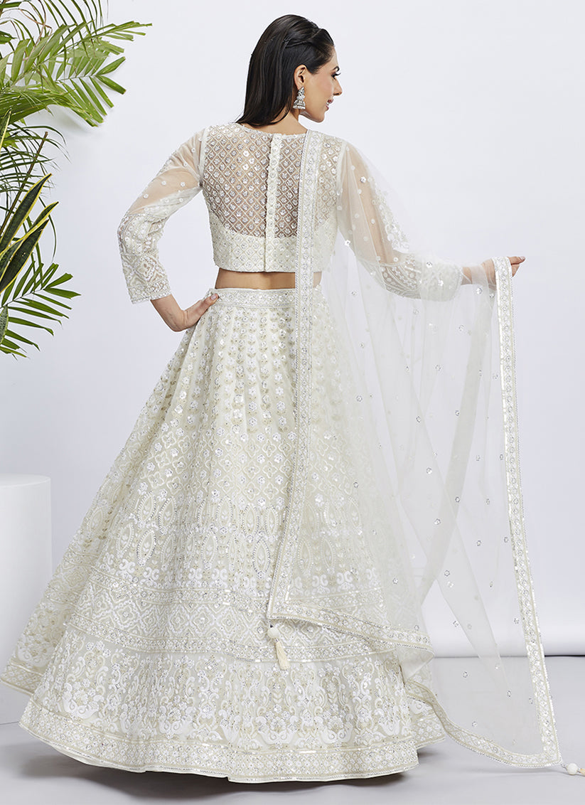 Off White Net Embroidered Designer Lehenga Choli