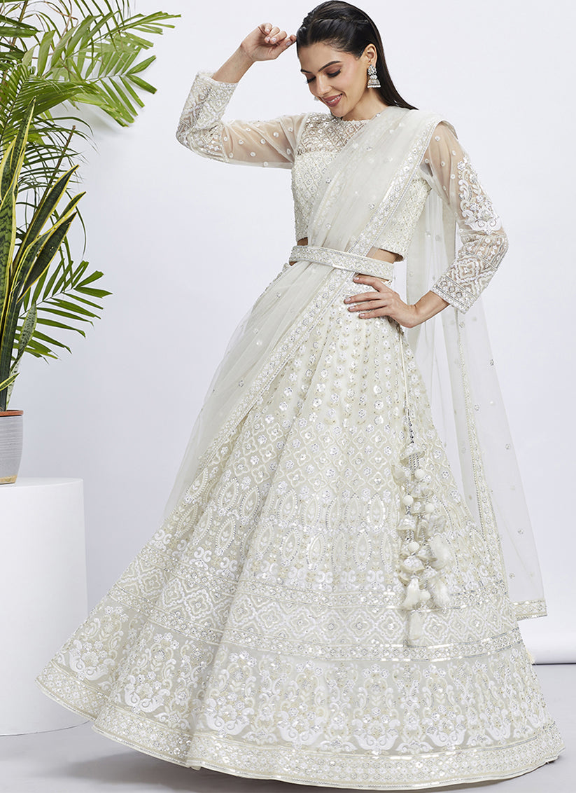 Off White Net Embroidered Designer Lehenga Choli