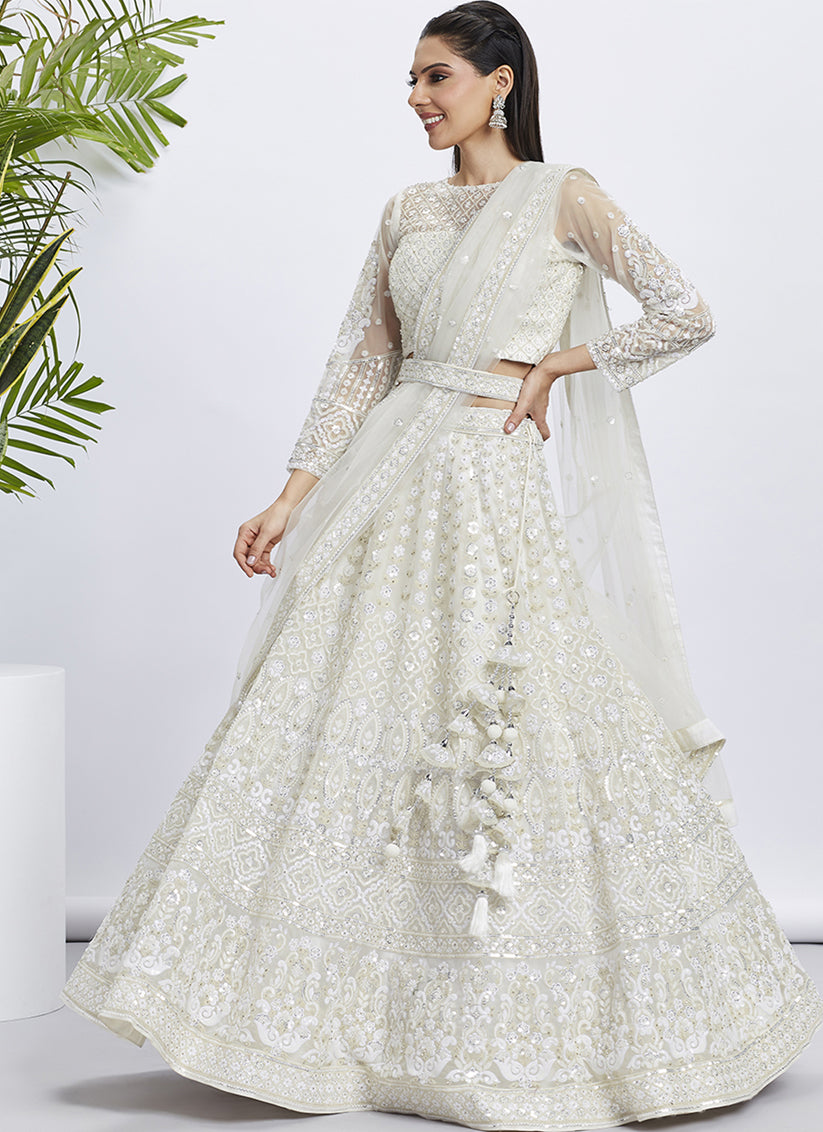 Off White Net Embroidered Designer Lehenga Choli