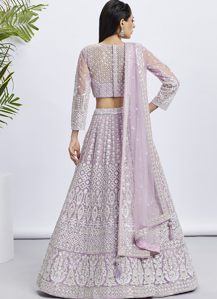 Lavender Net Embroidered Designer Lehenga Choli