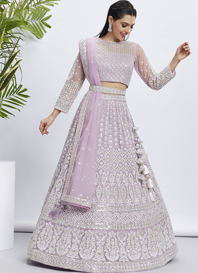 Lavender Net Embroidered Designer Lehenga Choli