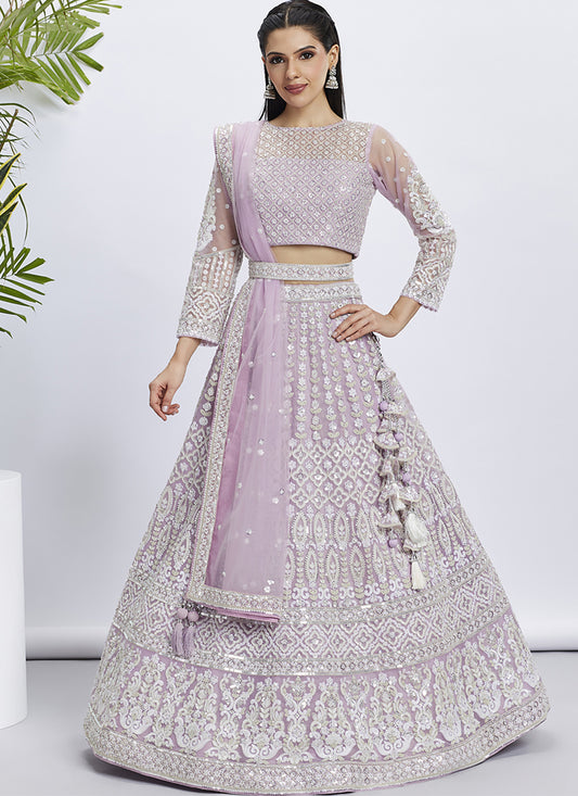 Lavender Net Embroidered Designer Lehenga Choli