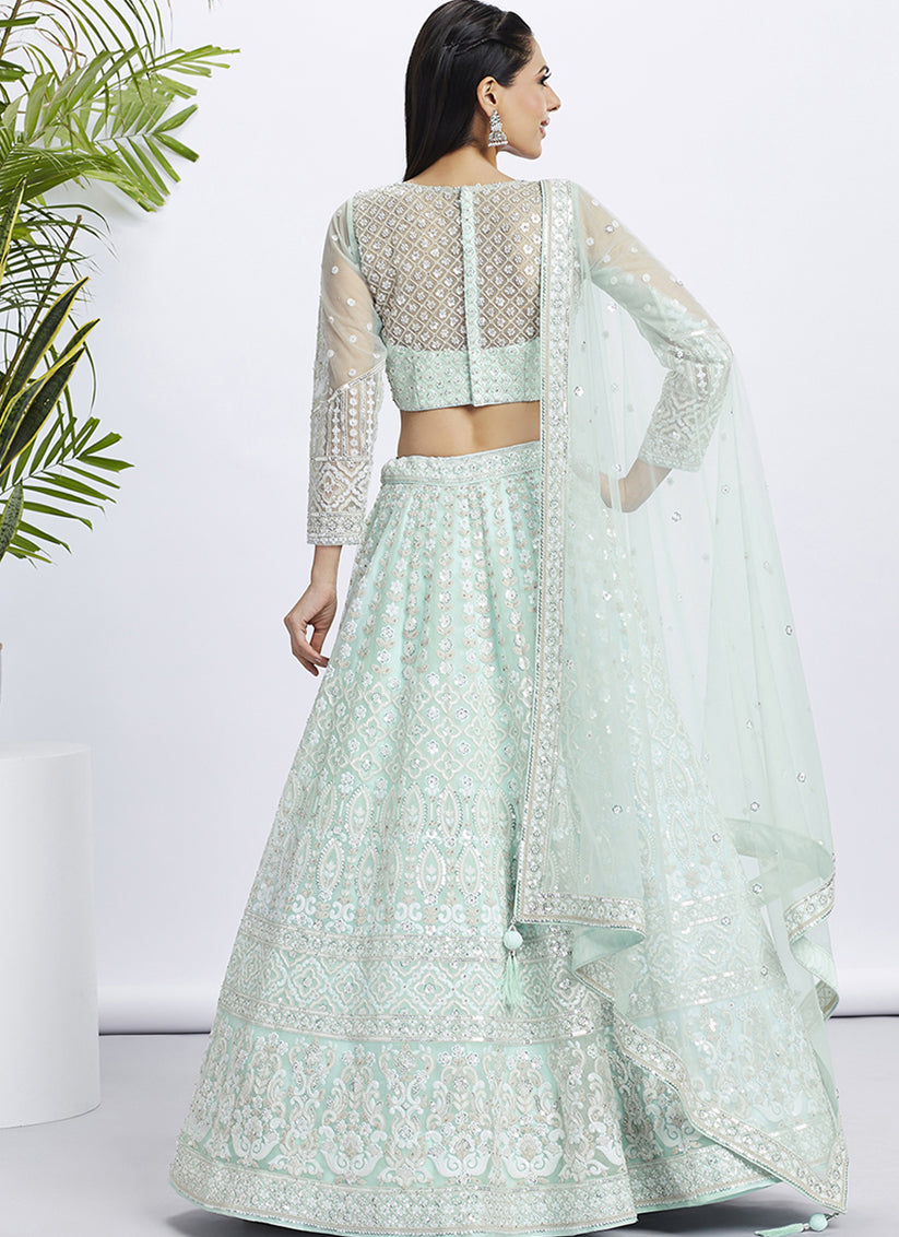 Turquoise Net Embroidered Designer Lehenga Choli