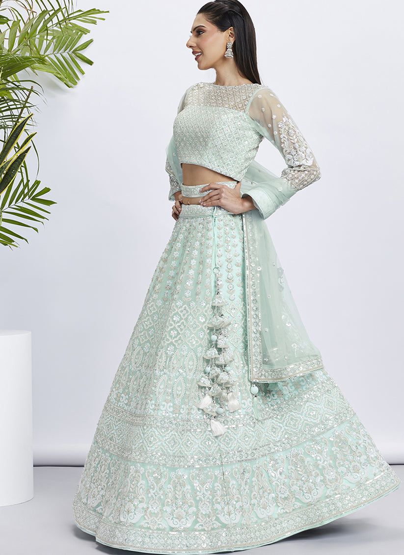 Turquoise Net Embroidered Designer Lehenga Choli