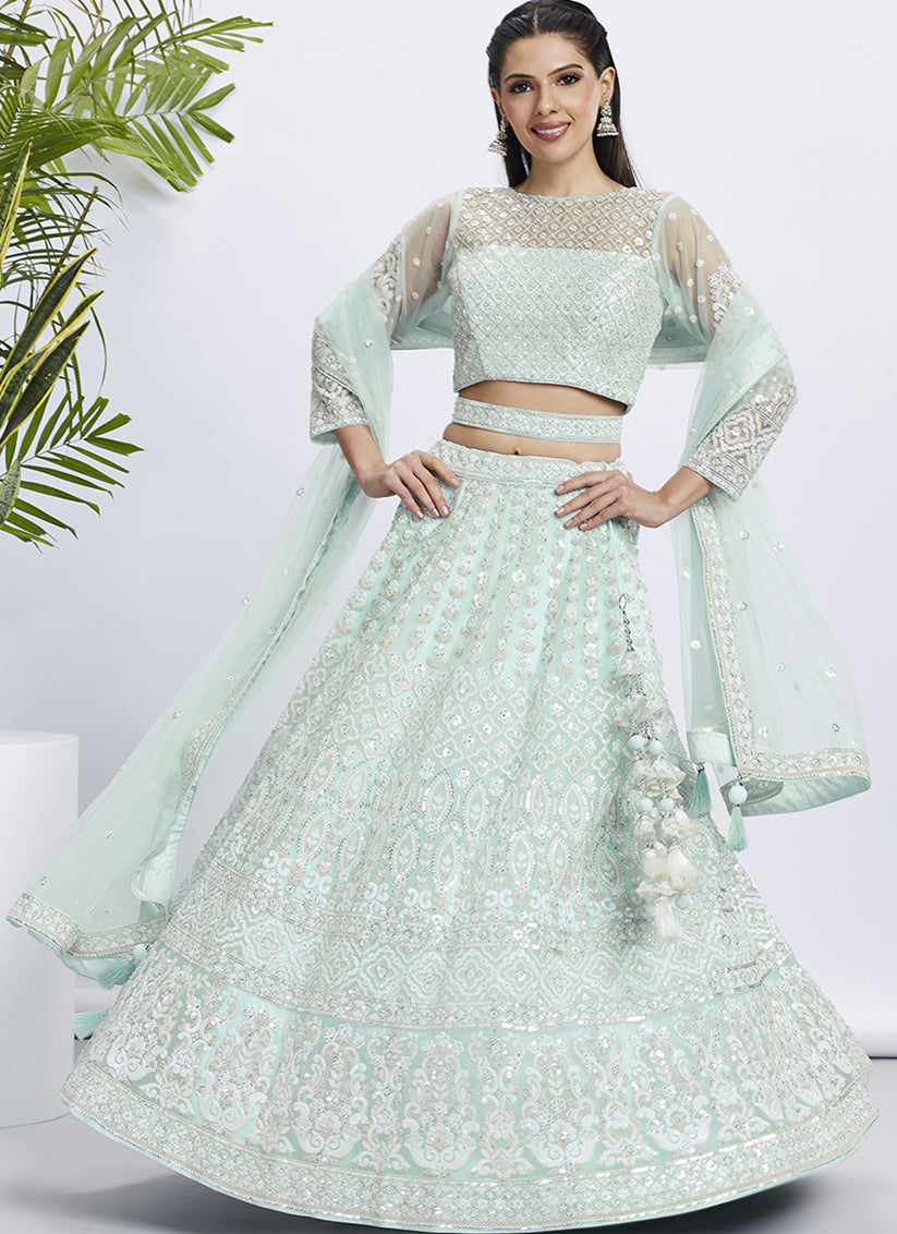 Turquoise Net Embroidered Designer Lehenga Choli