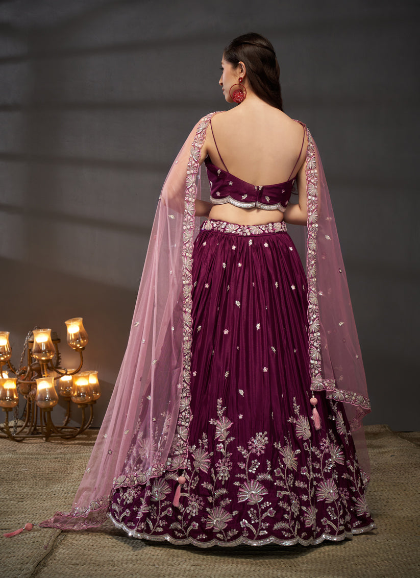 Wine Faux Chiffon Embroidered Designer Lehenga Choli