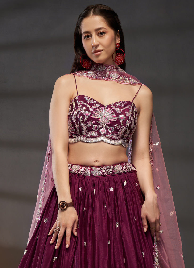 Wine Faux Chiffon Embroidered Designer Lehenga Choli