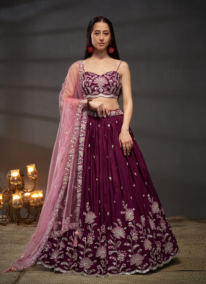 Wine Faux Chiffon Embroidered Designer Lehenga Choli