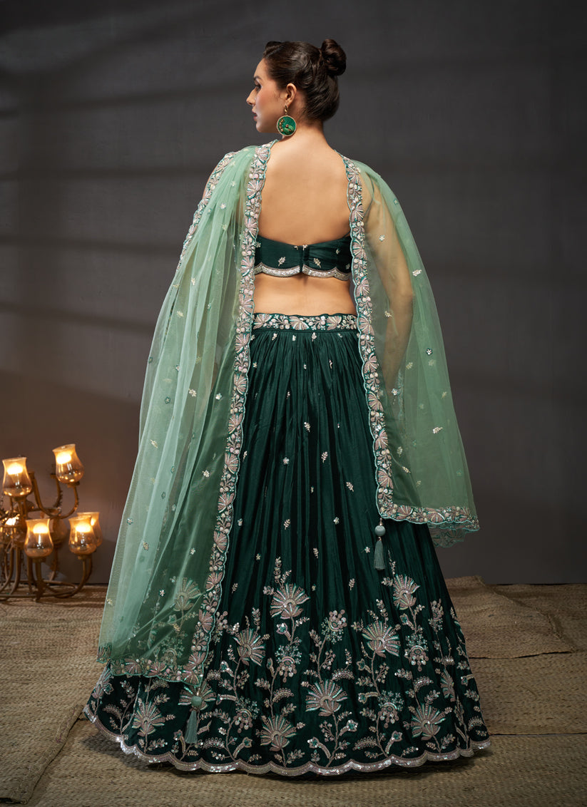 Pine Green Faux Chiffon Embroidered Designer Lehenga Choli