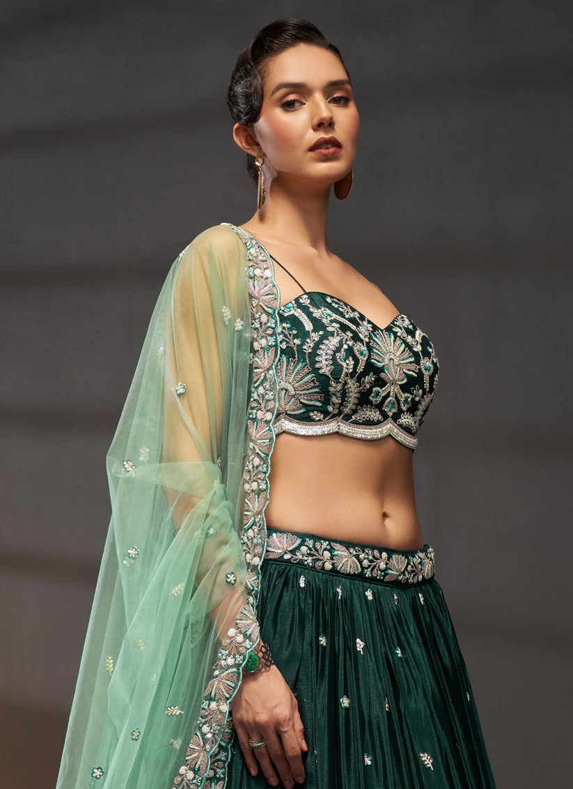 Pine Green Faux Chiffon Embroidered Designer Lehenga Choli