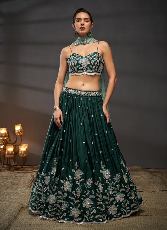 Pine Green Faux Chiffon Embroidered Designer Lehenga Choli