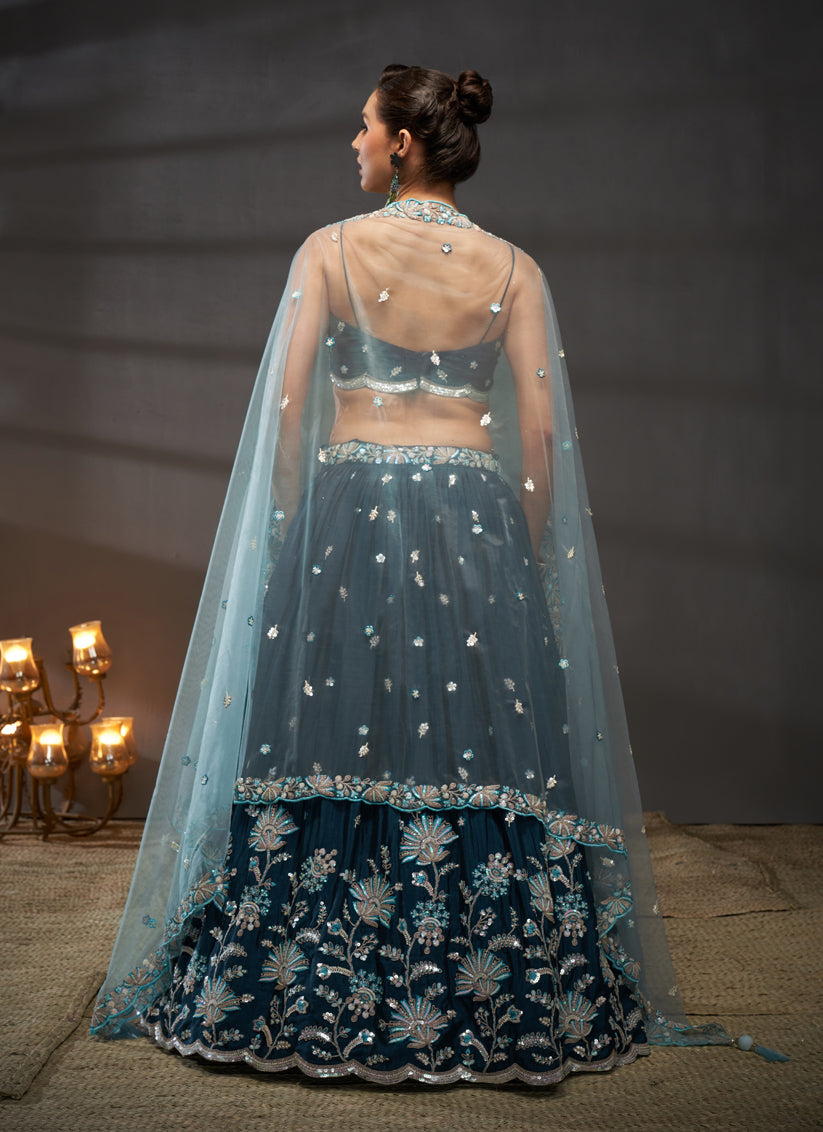 Teal Blue Faux Chiffon Embroidered Designer Lehenga Choli