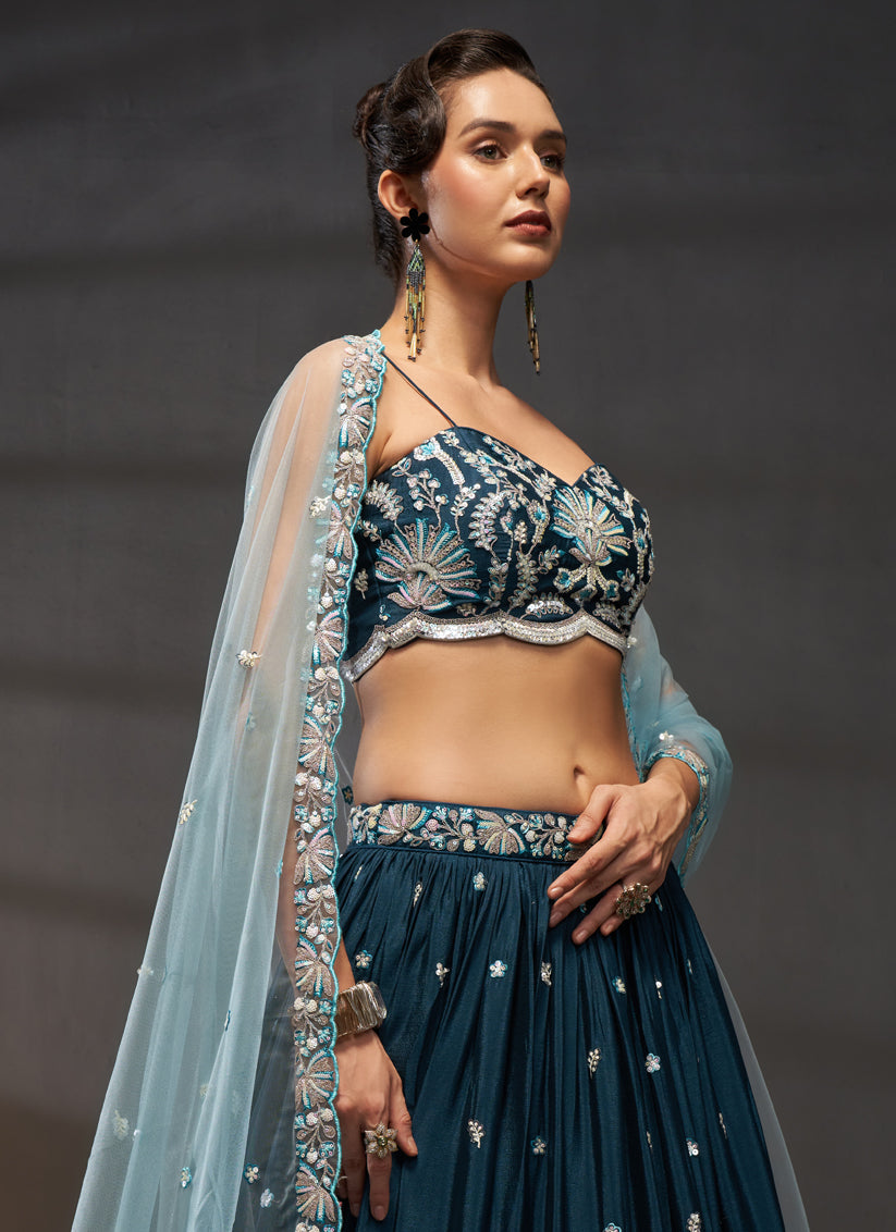 Teal Blue Faux Chiffon Embroidered Designer Lehenga Choli