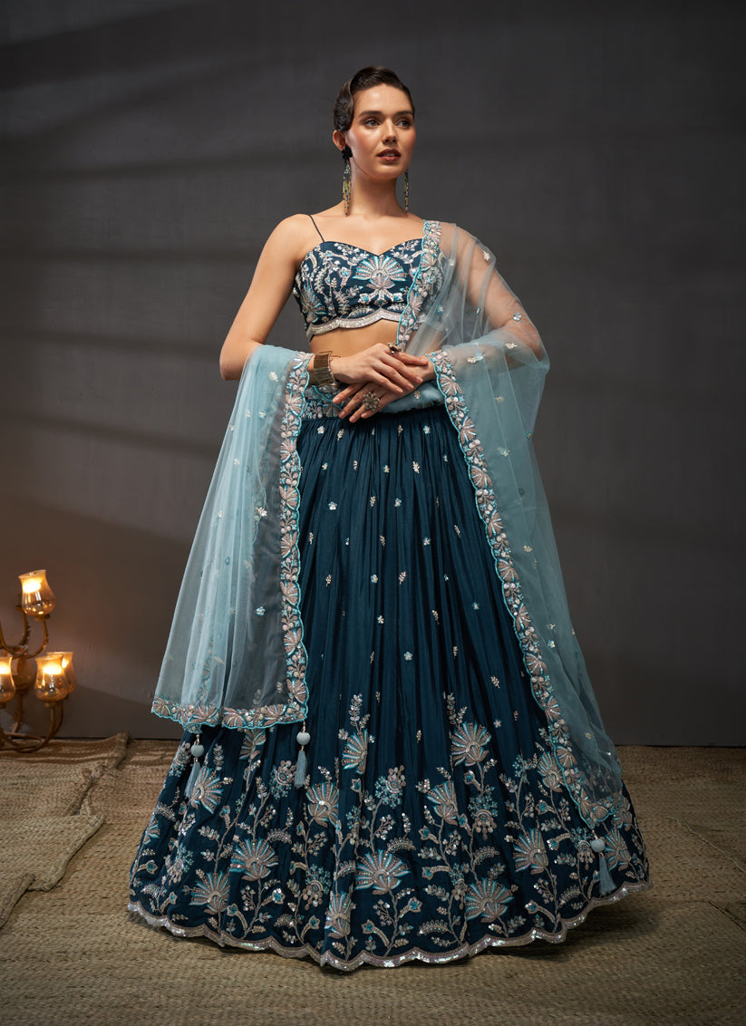 Teal Blue Faux Chiffon Embroidered Designer Lehenga Choli