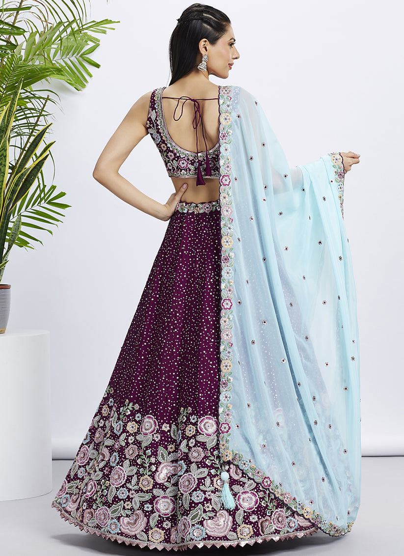 Wine Faux Chiffon Embroidered Designer Lehenga Choli