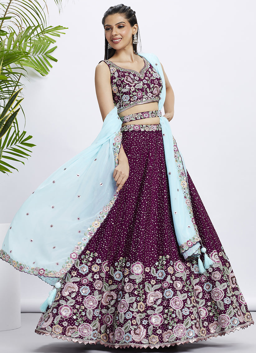 Wine Faux Chiffon Embroidered Designer Lehenga Choli