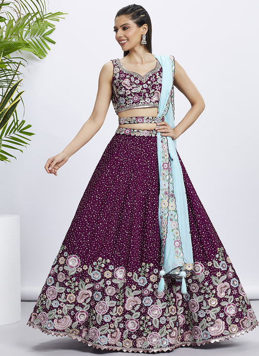 Wine Faux Chiffon Embroidered Designer Lehenga Choli