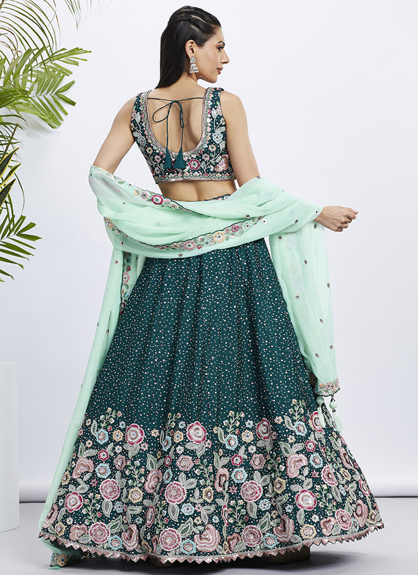 Morpich Faux Chiffon Embroidered Designer Lehenga Choli