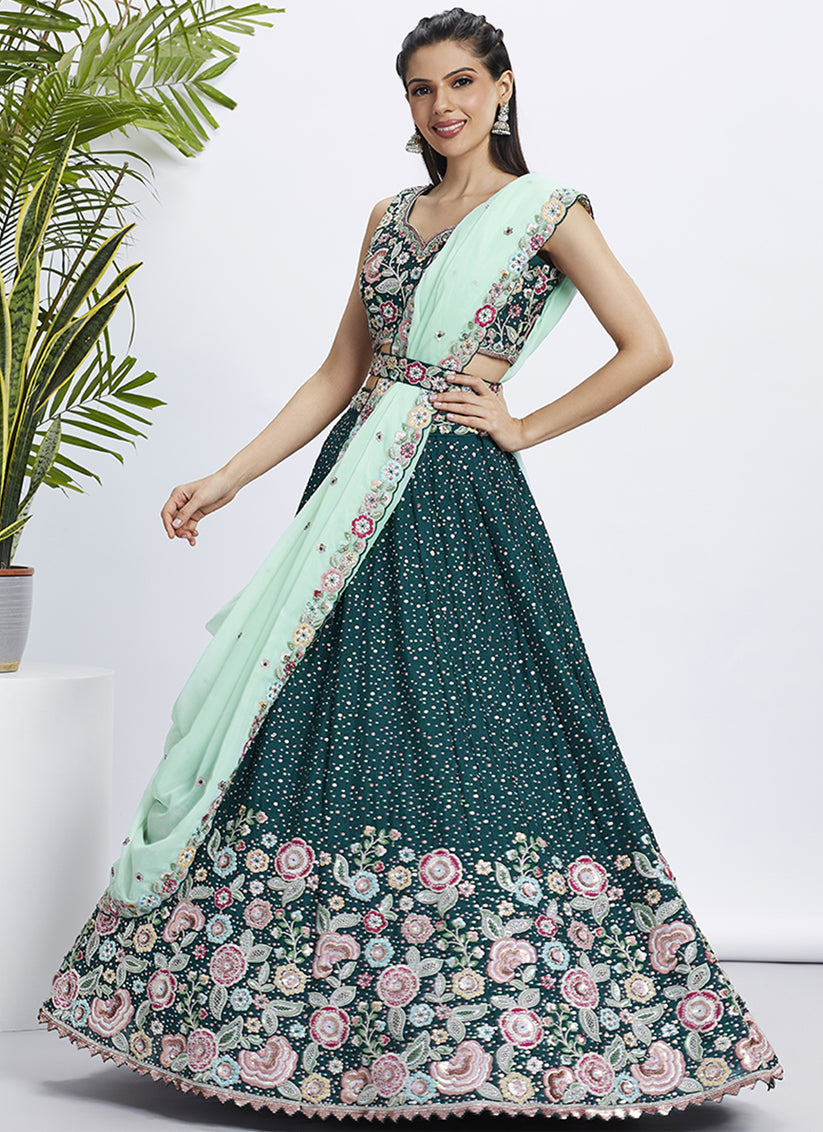 Morpich Faux Chiffon Embroidered Designer Lehenga Choli